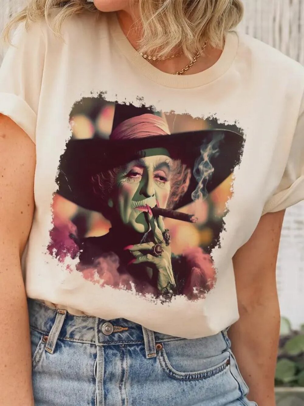 Wicked Witch Smoking Cigar Graphic Tee with Crystals Halloween Clothing Top